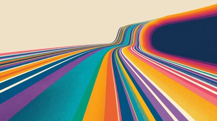 Colorful abstract tunnel with layered curved bands in retro style, vibrant gradient waves converging symmetrically in digital raster artwork