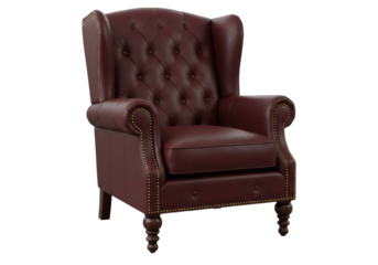 Elegant brown leather wingback armchair isolated PNG, classic tufted furniture for living room or study on transparent background