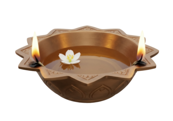Traditional diya lamp with flower isolated PNG, oil lamp for Diwali festival and Indian religious celebrations on transparent background
