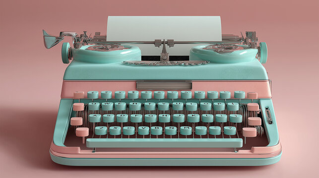 A vibrant retro typewriter in teal and pink hues, showcasing classic design with a modern touch, perfect for vintage enthusiasts and writers alike.