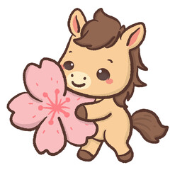 Cute kawaii chibi horse hugging giant sakura blossom pastel spring illustration sweet smiling pony clipart for stickers planners nursery prints and digital designs
