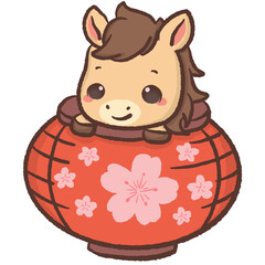 Cute kawaii chibi horse peeking out of sakura lantern pastel spring festival illustration smiling pony clipart for stickers cards nursery decor and digital use