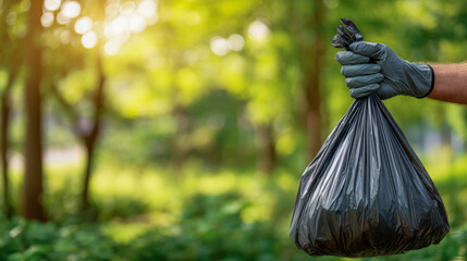 Person holds a black trash bag in a green forest area while collecting waste during daylight hours