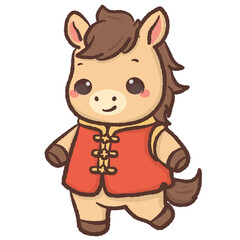 Cute kawaii chibi horse wearing traditional lunar new year outfit pastel festive illustration adorable pony clipart for stickers cards kids decor and digital projects