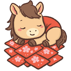 Cute kawaii chibi horse sleeping on sakura patterned money envelopes pastel cozy illustration peaceful pony clipart for stickers planners nursery wall art and digital projects