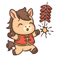 Cute kawaii chibi horse celebrating lunar new year holding firecracker pastel festival illustration happy pony clipart for stickers cards kids decor and digital use