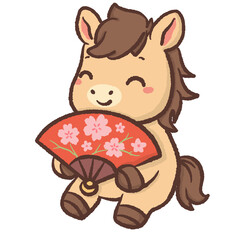 Cute kawaii chibi horse holding sakura folding fan pastel spring illustration smiling pony clipart for stickers planners cards nursery wall art and digital designs