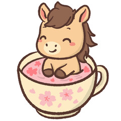 Cute kawaii chibi horse sitting in sakura tea cup pastel spring illustration smiling pony clipart for stickers planners cards nursery wall art and digital designs
