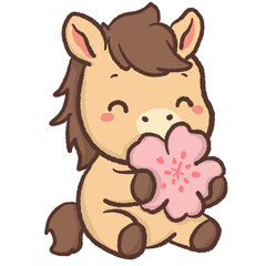 Cute kawaii chibi horse hugging sakura flower pastel spring illustration sweet smiling pony clipart for stickers planners cards nursery prints and digital projects