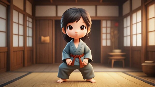 Adorable anime-style child martial artist in a blue gi and red belt strikes a powerful low stance in a traditional Japanese dojo
