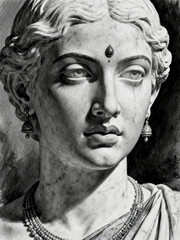 Fototapeta premium Marble statue of an Indian woman with bindi and jewelry, close up black and white portrait with classical sculptural details