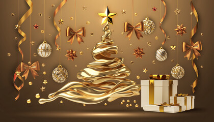 Karta świąteczna z symbolem świąt w postaci choinki bożonarodzeniowej, gwiazdy betlejemskiej, bombek i prezentów świątecznych.