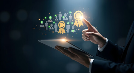 Businessman interacting with digital awards and people icons on tablet