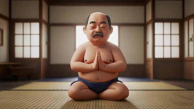 A stylized sumo wrestler meditating peacefully in a traditional Japanese dojo with tatami mats and shoji screens in the background