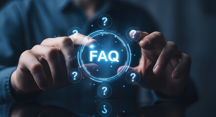Businessman interacting with glowing FAQ interface with question marks