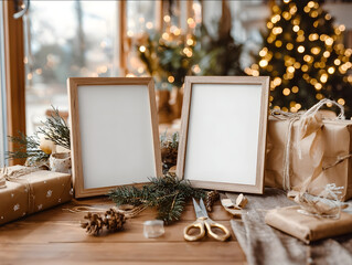 20 degree side angle of two A2 oak frames with blank posters leaning near table covered in wrapping paper scissors ribbons and pine sprigs golden daylight and fairy li