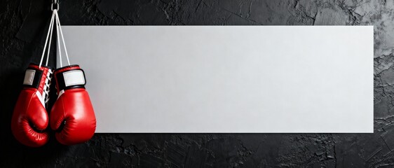 Boxing gloves hanging against a dark wall with a blank white space for text or graphics