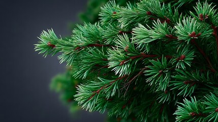 A close up of a green pine tree with red tips. The tree is full of needles and has a very natural and serene appearance
