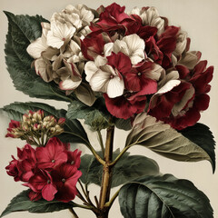 Hydrangea plant in bloom, vintage style botanical illustration