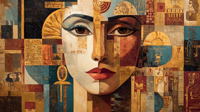 Surreal Geometric Portrait with Egyptian Motifs, Abstract Female Faces, Cultural Symbols, and Ornamental Patterns in Warm and Cool Tones