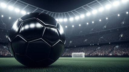 Naklejka premium A black soccer ball on a grassy field with a blurred stadium lit by bright lights in the background.