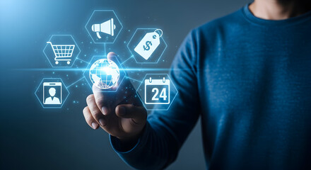 Man interacting with futuristic e-commerce and finance icons on a digital globe
