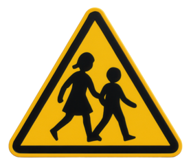 Yellow triangular school zone sign featuring black silhouettes.