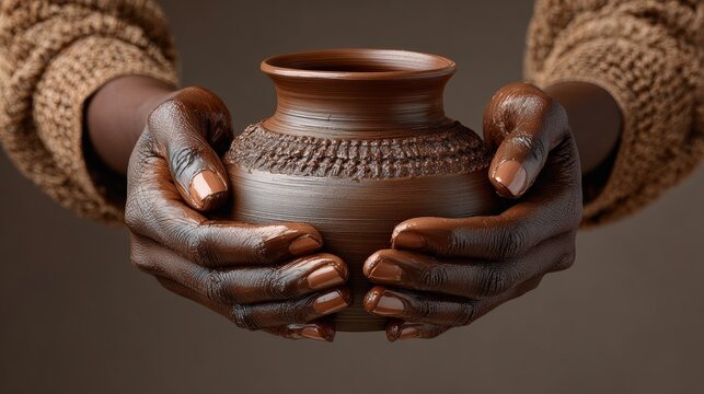 A person is holding a brown vase in their hands. The vase is made of clay and has a unique design. The person's hands are covered in clay, indicating that they have been working on the vase
