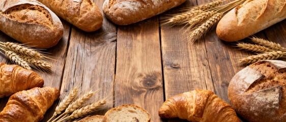 Assortment of breads and pastries arranged with wheat on wooden surface with empty space