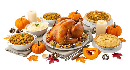 Traditional Thanksgiving dinner, with roasted turkey pies casseroles pumpkins and autumn leaves, isolated on transparent background. PNG