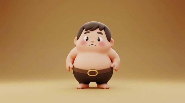 Adorable 3D rendered chubby kid with a worried face, a funny stylized sumo wrestler character isolated on a warm studio background