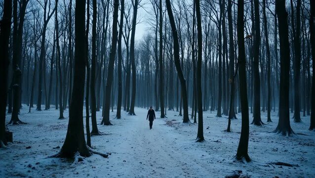 Solitary Figure Walking Through a Snowy Forest in Winter