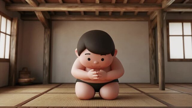 Cute 3D animation of a small sumo wrestler showing respect with a traditional bow in a Japanese dojo setting