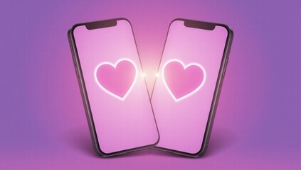 Two smartphones with glowing hearts on pink background  