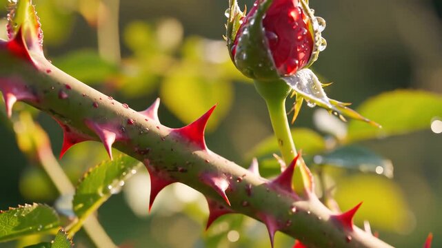 Close up of a rose stem with sharp thorns and a bud covered in water droplets.