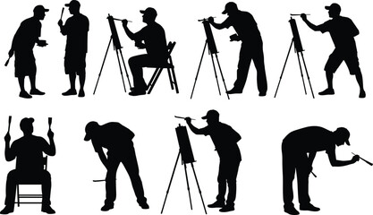 Obraz premium Artist silhouettes, painting poses, creative activity, brush and canvas, black vector art, easel interaction, artistic posture, design, illustration, concept