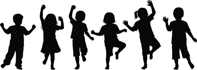 Children silhouettes, playful poses, jumping kids, dancing figures, joyful movement, black vector art, childhood energy, fun activity, illustration, design concept