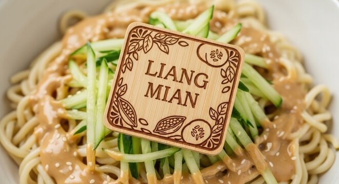 Refreshing Chinese Cold Noodles (Liang Mian) with Sesame Sauce and Carved Bamboo Plaque