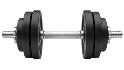 Dumbbell with black weight plates and silver handle isolated on a transparent background weightlifting