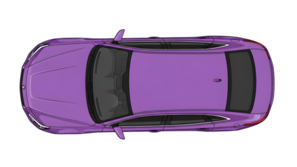 Down view of a purple sedan car with tinted windows isolated on a transparent background aerial view
