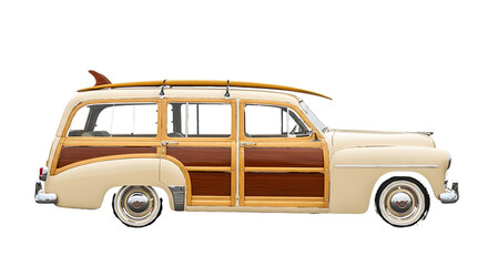 Classic beige wood panel station wagon, with surfboard on roof, isolated on transparent background. PNG