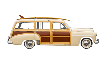 Classic beige wood panel station wagon, with surfboard on roof, isolated on transparent background. PNG