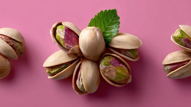 A close up of a bunch of green and brown nuts with a leaf on top. The nuts are arranged in a flower shape