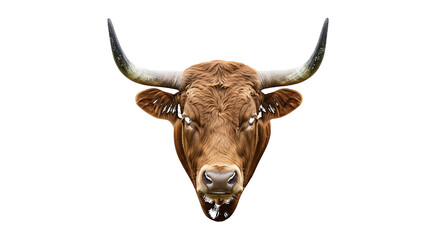 Brown bull, close up portrait with large curved horns facing forward, isolated on transparent background. PNG