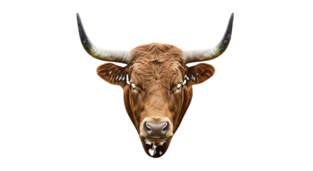 Brown bull, close up portrait with large curved horns facing forward, isolated on transparent background. PNG