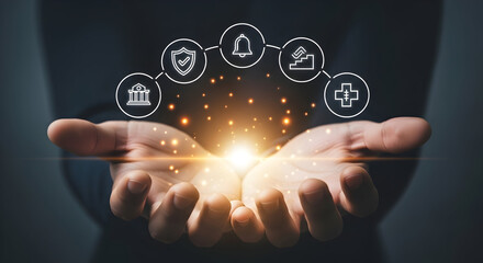 Businessman presenting protection and security concepts with glowing hands