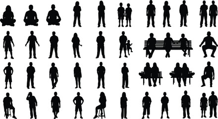 Human silhouettes, seated and standing poses, adult and child figures, bench and stool posture, black vector art, design, illustration, concept