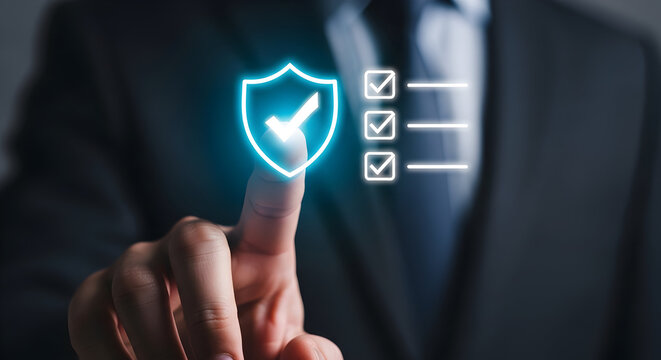 Businessman enabling security shield with checkmark for protection
