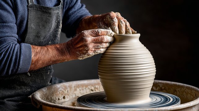 A man is making a vase out of clay. The vase is in the process of being formed and is still wet. The man is wearing an apron and has his hands covered in clay
