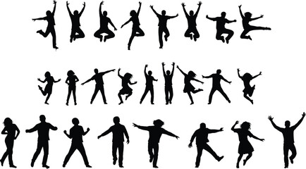 Jumping silhouettes, dancing figures, expressive poses, black vector art, energetic movement, joyful gesture, human motion, illustration, celebration concept, design element